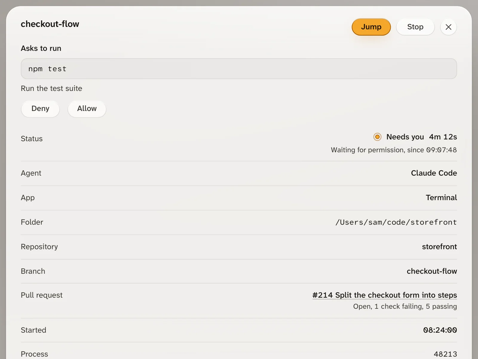 A session's details: checkout-flow, with Jump and Stop at the top, what it asks to run with Deny and Allow, and its status, agent, app, folder, repository, branch and pull request.