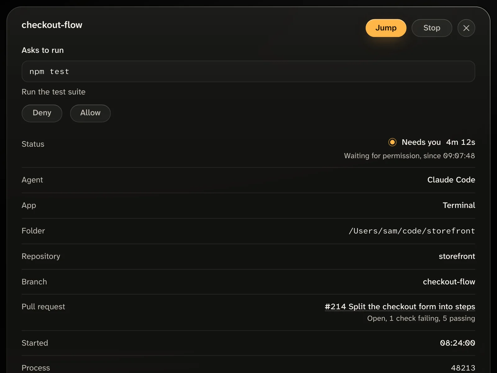 A session's details: checkout-flow, with Jump and Stop at the top, what it asks to run with Deny and Allow, and its status, agent, app, folder, repository, branch and pull request.